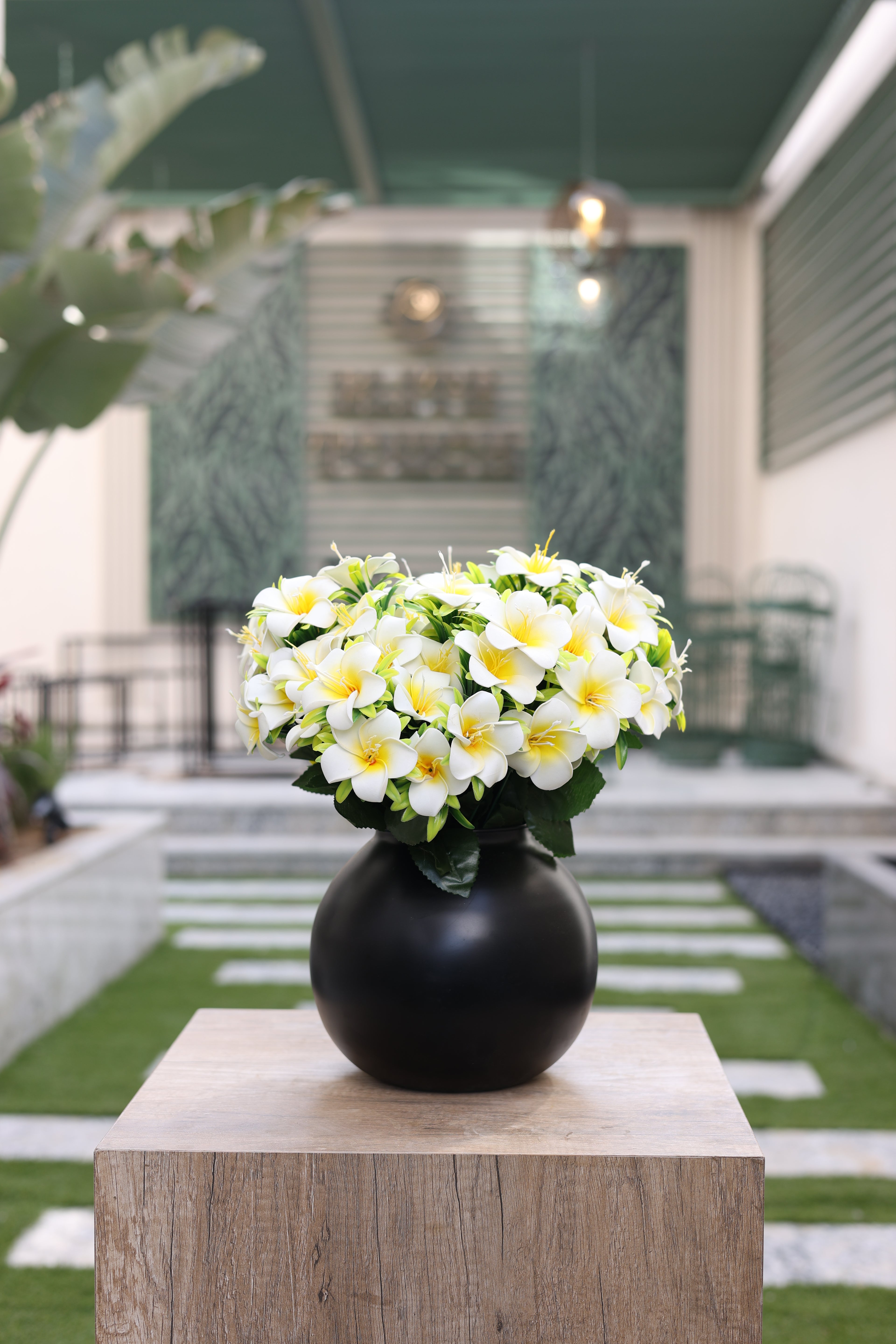 artificial white plumeria flowers Egypt in minimalist circular black vase