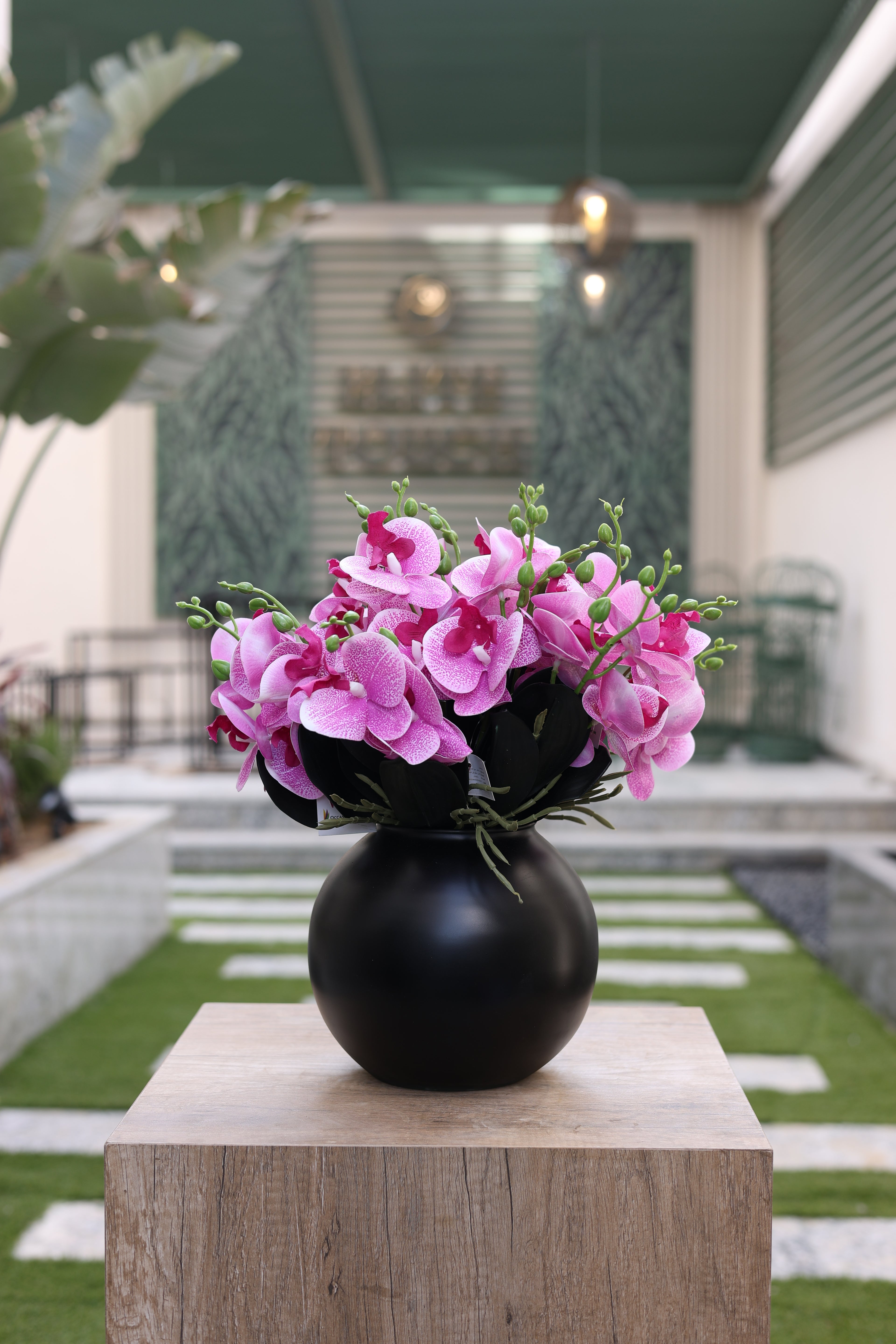 violet artificial orchid flowers in circular black vase Egypt