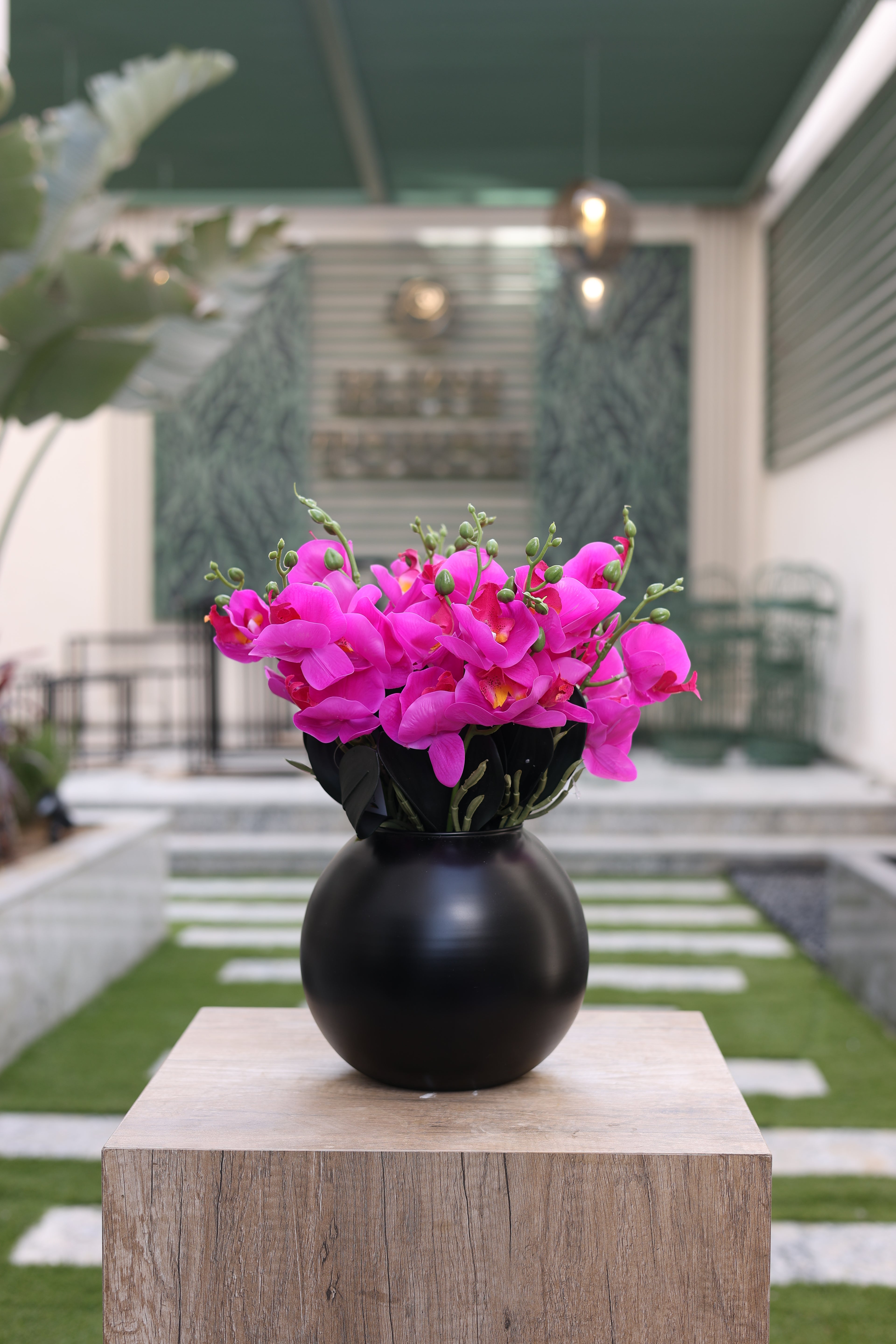 purple artificial orchid in black vase Egypt
