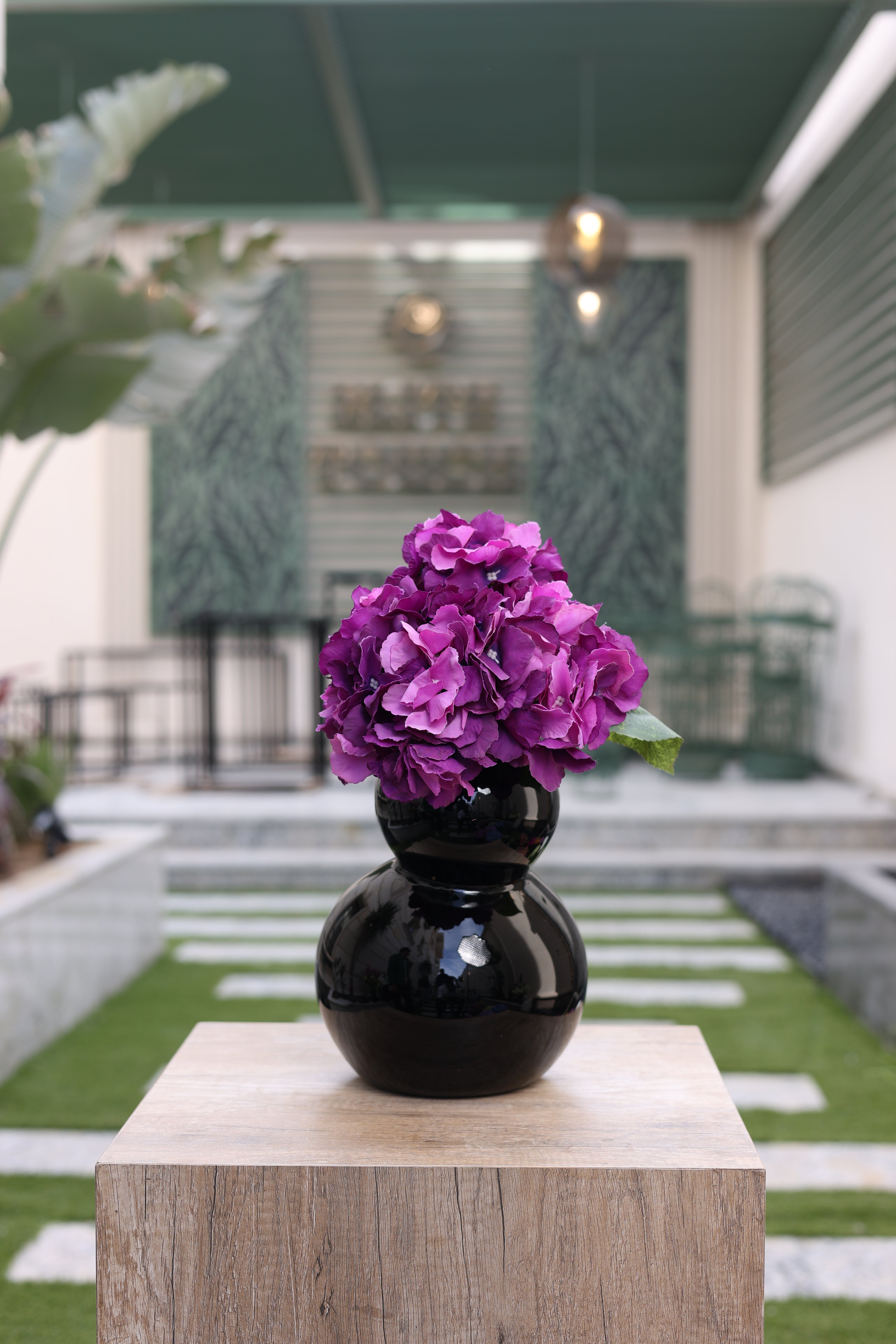 violet artificial Ortancia flowers in black vase Egypt