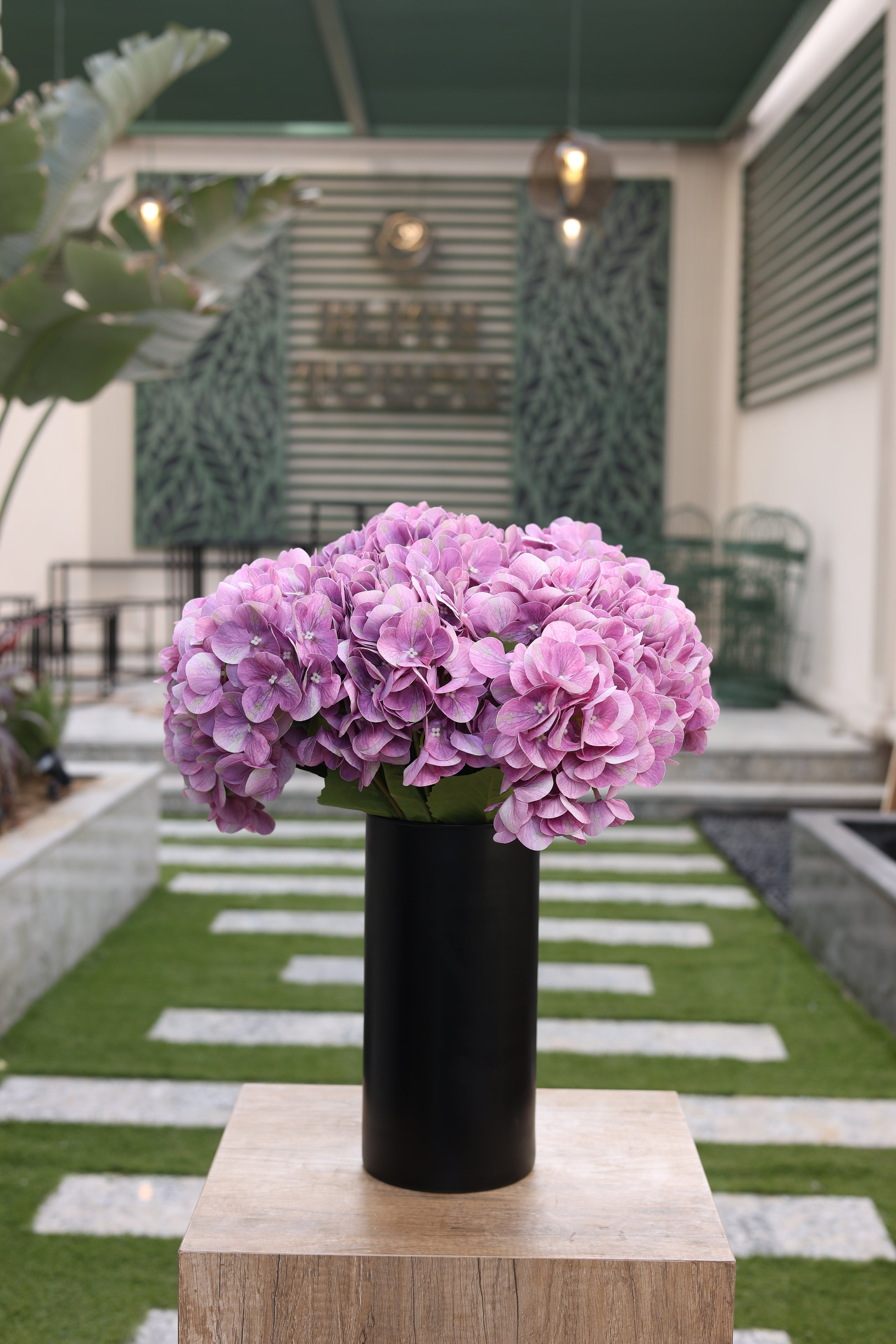 purple artificial hydrangea 5 stem in glass vase Egypt