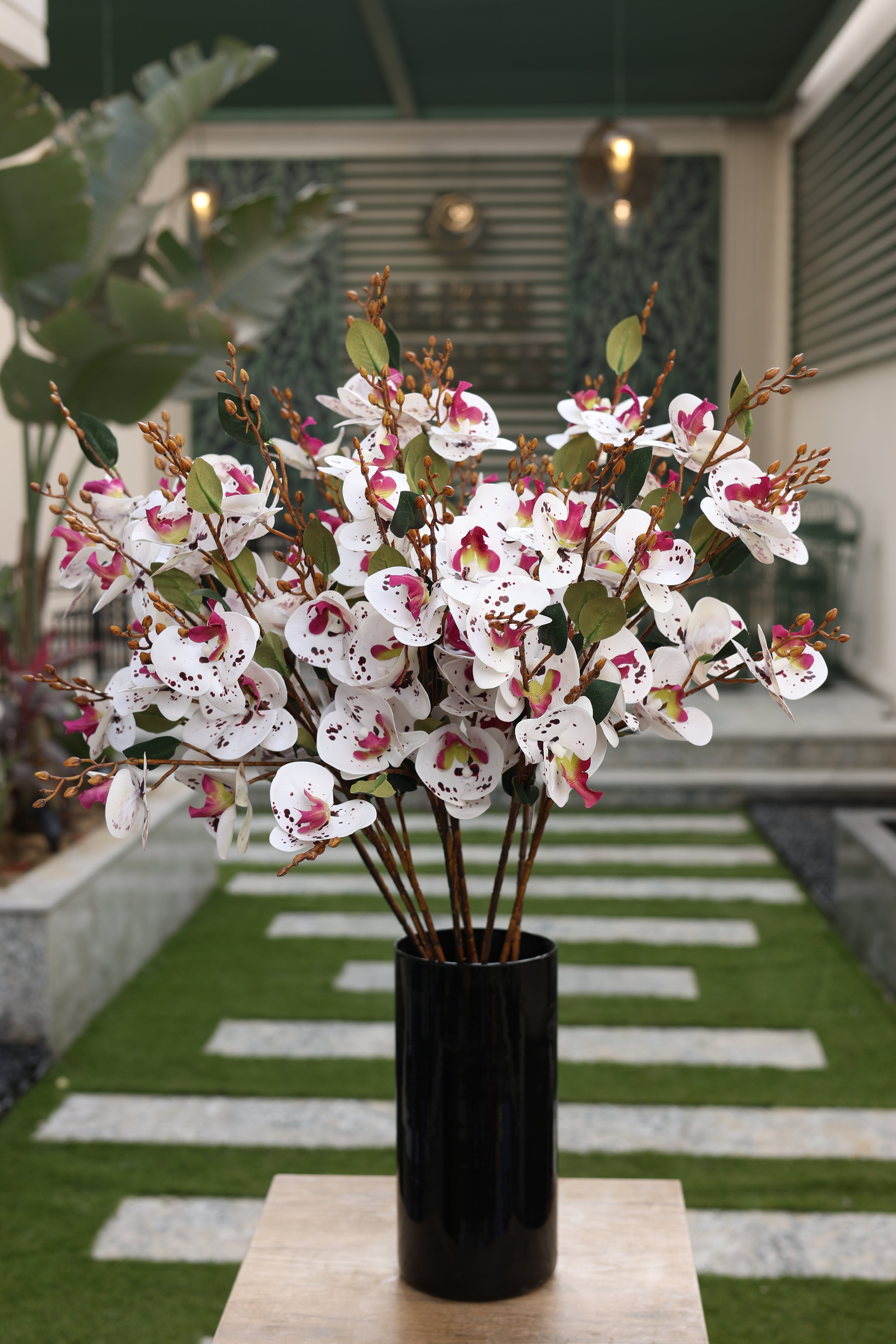 white pink artificial Phalaenopsis 7 stem in glass vase Egypt